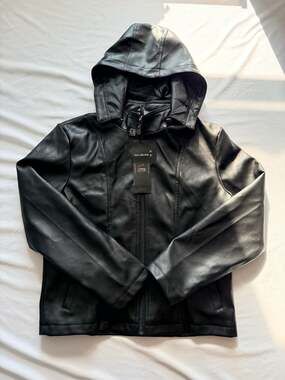 NWT R Rosso Black & Gold Leather Jacket Black Zip Up w Hood Large Italy Boutique